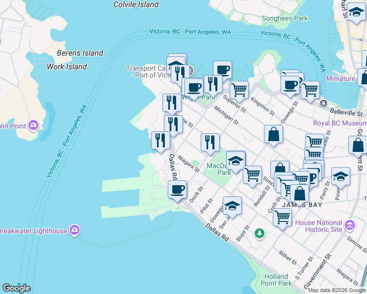 map of restaurants, bars, coffee shops, grocery stores, and more near 119 Saint Lawrence Street in Victoria