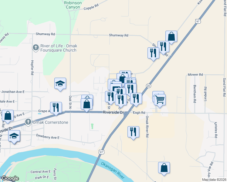 map of restaurants, bars, coffee shops, grocery stores, and more near 609 Omache Drive in Omak