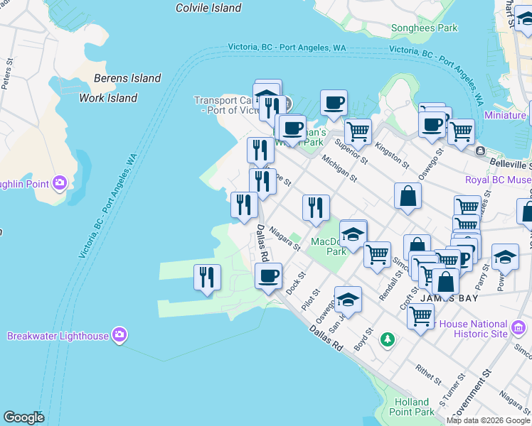 map of restaurants, bars, coffee shops, grocery stores, and more near 86 Dallas Road in Victoria