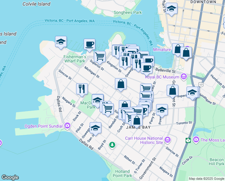 map of restaurants, bars, coffee shops, grocery stores, and more near 283 Michigan Street in Victoria