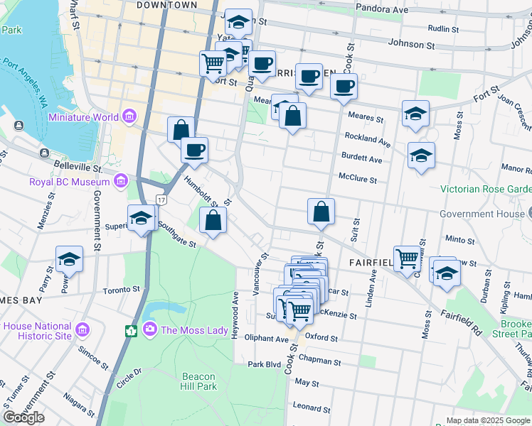 map of restaurants, bars, coffee shops, grocery stores, and more near 618 Vancouver Street in Victoria