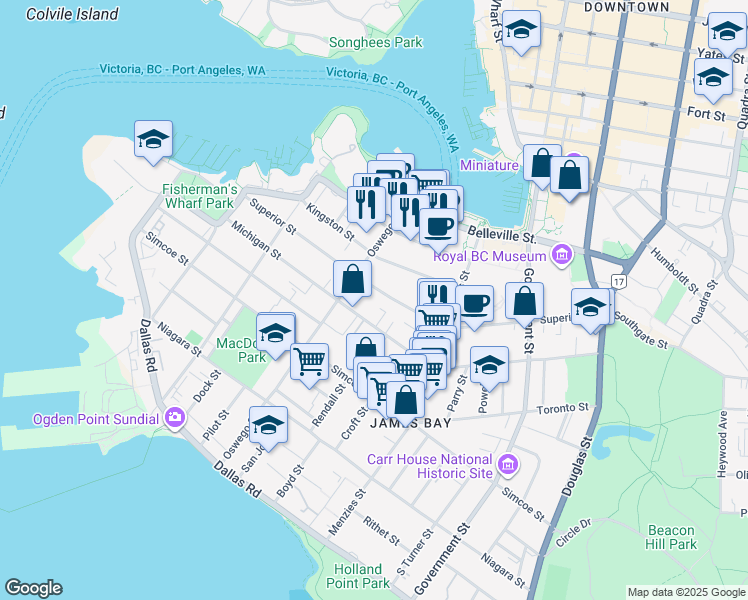 map of restaurants, bars, coffee shops, grocery stores, and more near in Victoria