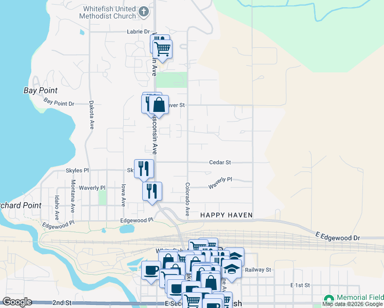 map of restaurants, bars, coffee shops, grocery stores, and more near 704 Cedar Street in Whitefish