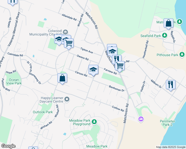 map of restaurants, bars, coffee shops, grocery stores, and more near 3344 Painter Road in Victoria