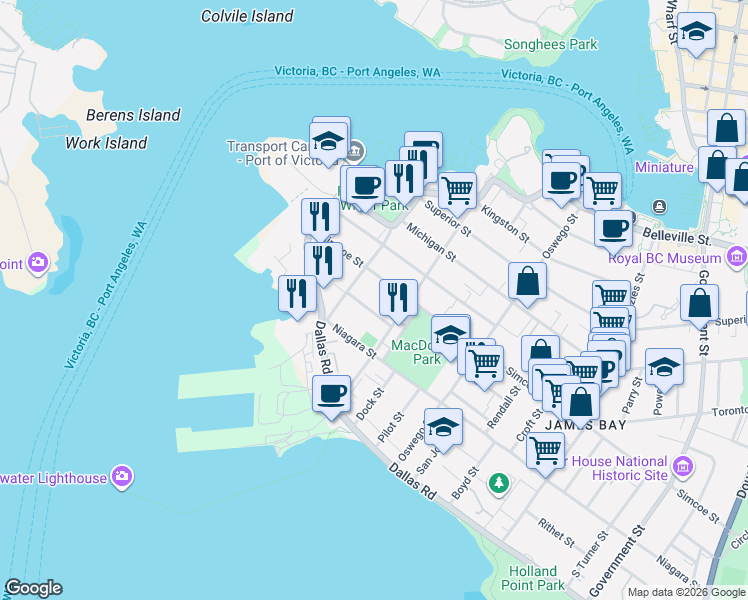 map of restaurants, bars, coffee shops, grocery stores, and more near 128 Montreal Street in Victoria