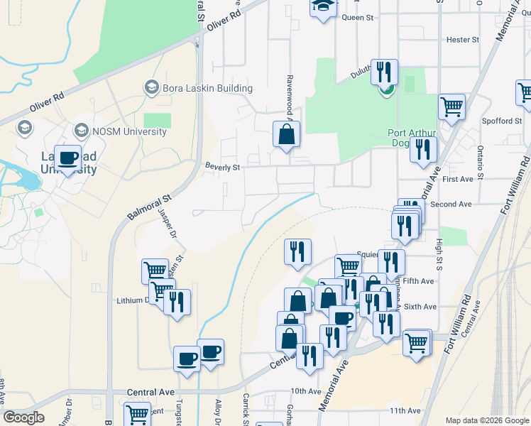 map of restaurants, bars, coffee shops, grocery stores, and more near 605 Nobel Road in Thunder Bay