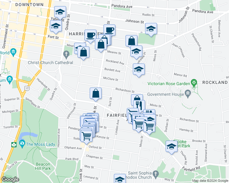 map of restaurants, bars, coffee shops, grocery stores, and more near 621 Trutch Street in Victoria