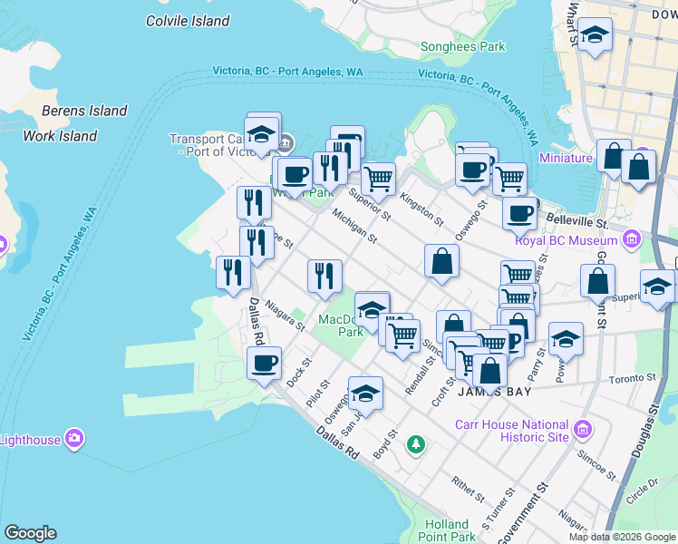 map of restaurants, bars, coffee shops, grocery stores, and more near Montreal Street in Victoria