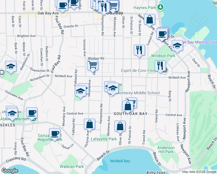 map of restaurants, bars, coffee shops, grocery stores, and more near 916 Monterey Avenue in Victoria