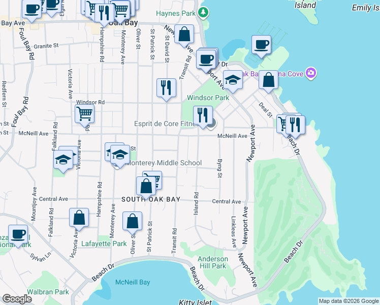 map of restaurants, bars, coffee shops, grocery stores, and more near 867 Transit Road in Victoria