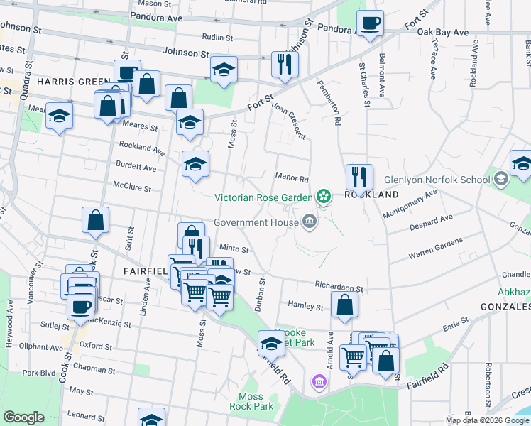 map of restaurants, bars, coffee shops, grocery stores, and more near 1361 Rockland Avenue in Victoria