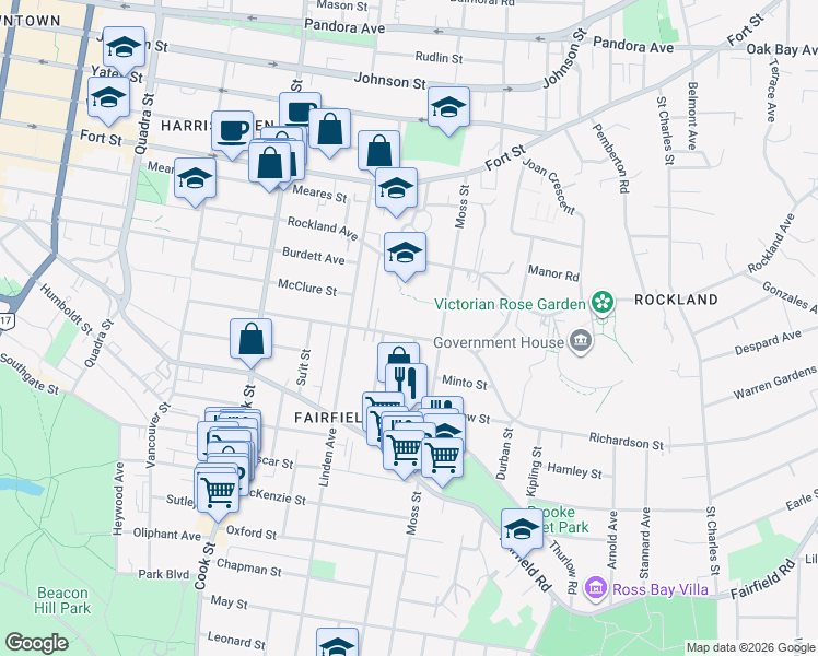 map of restaurants, bars, coffee shops, grocery stores, and more near 1250 Richardson Street in Victoria