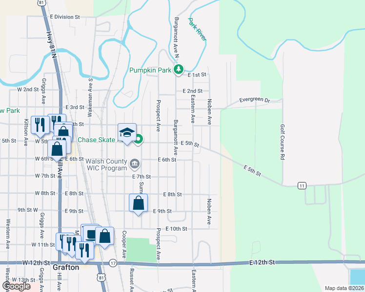 map of restaurants, bars, coffee shops, grocery stores, and more near 401-447 Burgamott Ave in Grafton