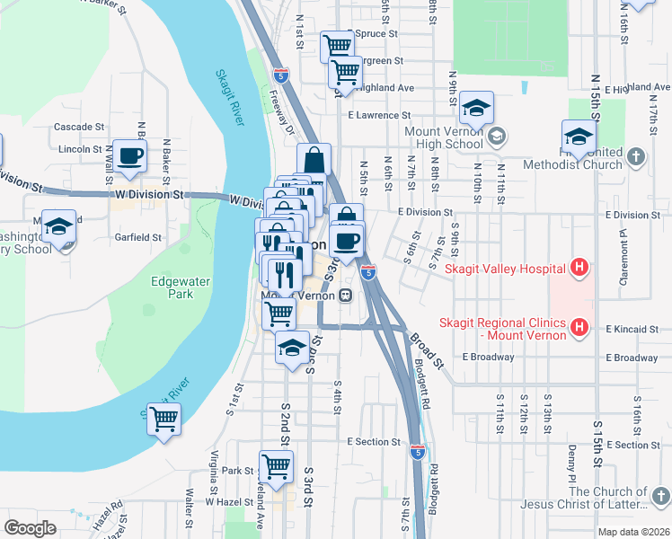 map of restaurants, bars, coffee shops, grocery stores, and more near 319 South 3rd Street in Mount Vernon