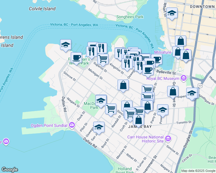 map of restaurants, bars, coffee shops, grocery stores, and more near 235 Michigan Street in Victoria