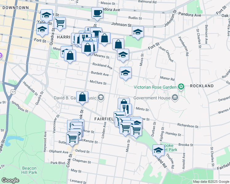 map of restaurants, bars, coffee shops, grocery stores, and more near 727 Linden Avenue in Victoria