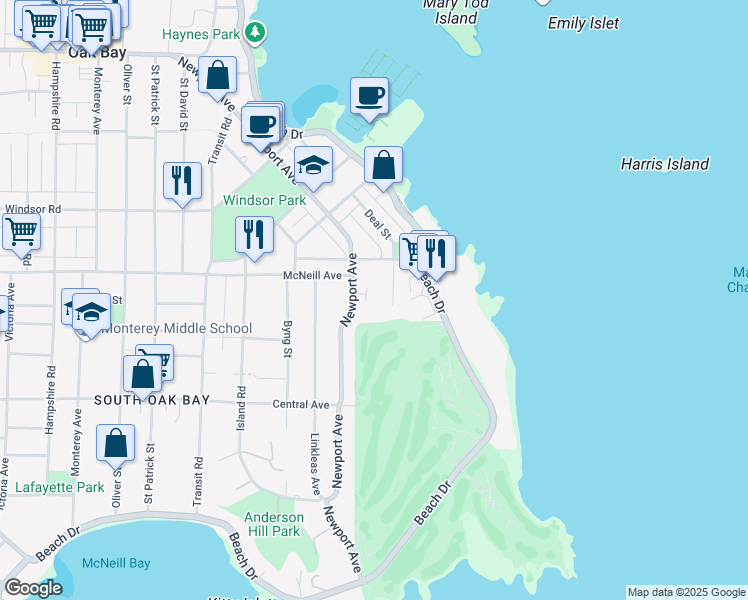 map of restaurants, bars, coffee shops, grocery stores, and more near 953 Pattullo Place in Victoria