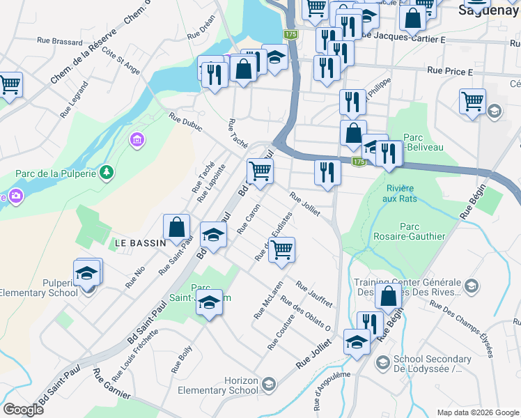 map of restaurants, bars, coffee shops, grocery stores, and more near 695 Rue Caron in Saguenay