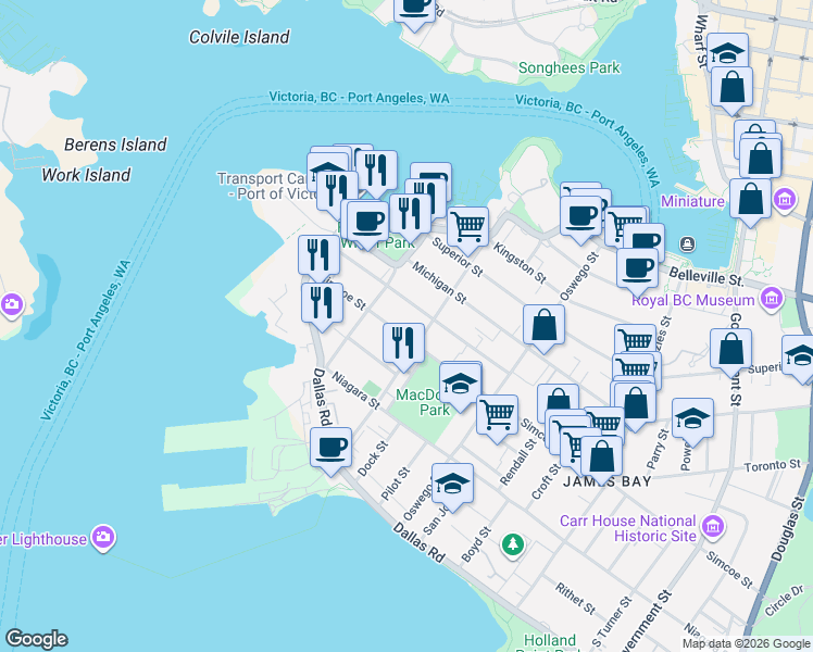 map of restaurants, bars, coffee shops, grocery stores, and more near 109 Ontario Street in Victoria