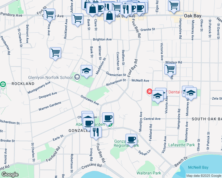 map of restaurants, bars, coffee shops, grocery stores, and more near 1902 Moss Park Gardens in Victoria