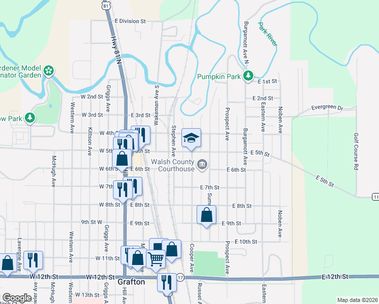 map of restaurants, bars, coffee shops, grocery stores, and more near 429 Cooper Avenue in Grafton