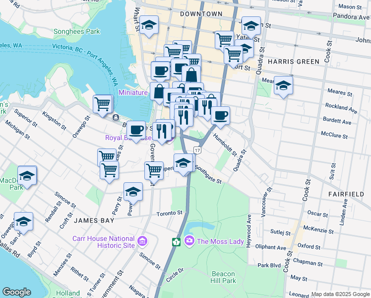 map of restaurants, bars, coffee shops, grocery stores, and more near 655 Douglas Street in Victoria