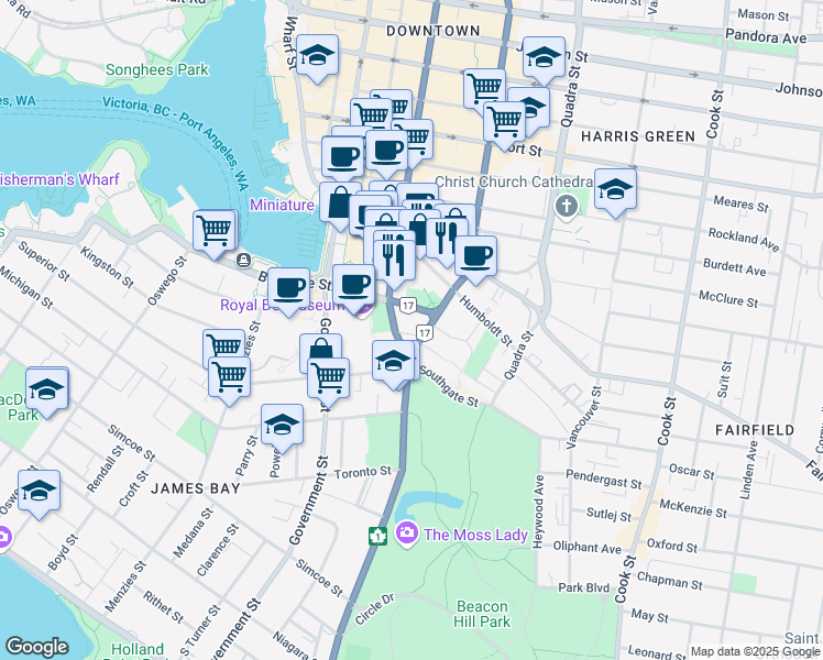 map of restaurants, bars, coffee shops, grocery stores, and more near 703 Douglas Street in Victoria