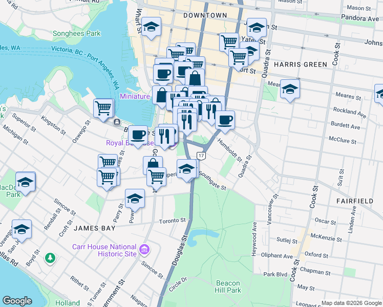 map of restaurants, bars, coffee shops, grocery stores, and more near 655 Douglas Street in Victoria