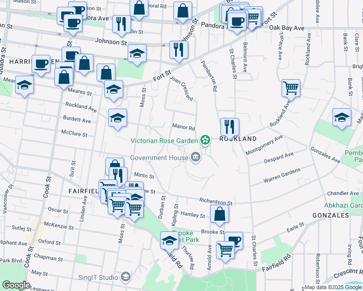 map of restaurants, bars, coffee shops, grocery stores, and more near 1388 Rockland Avenue in Victoria