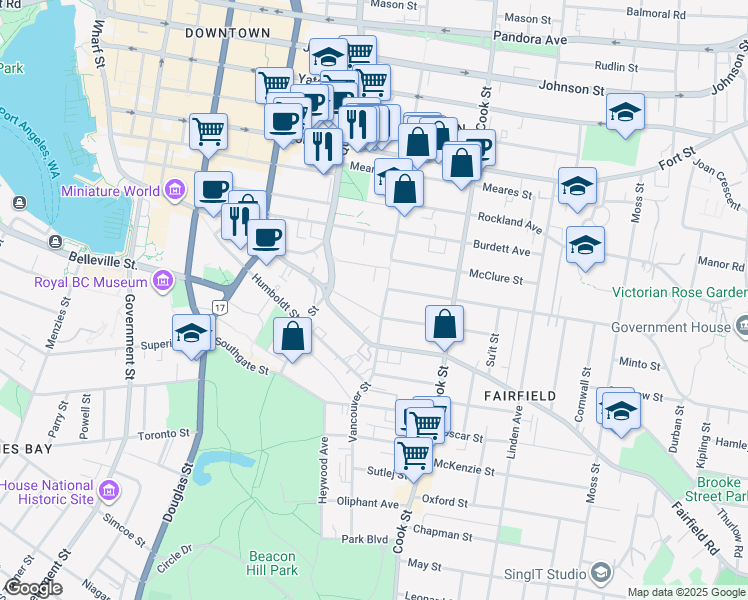 map of restaurants, bars, coffee shops, grocery stores, and more near 710 Vancouver Street in Victoria