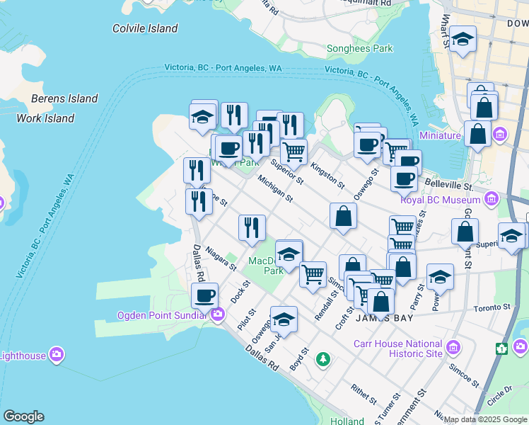 map of restaurants, bars, coffee shops, grocery stores, and more near 147 Ontario Street in Victoria