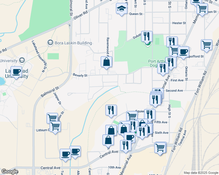 map of restaurants, bars, coffee shops, grocery stores, and more near 551 Pasteur Road in Thunder Bay