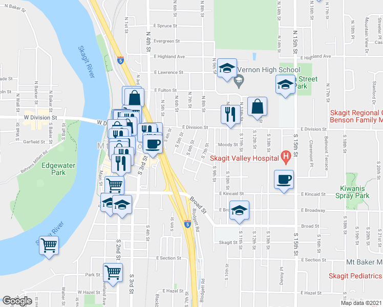 map of restaurants, bars, coffee shops, grocery stores, and more near 210 South 6th Street in Mount Vernon