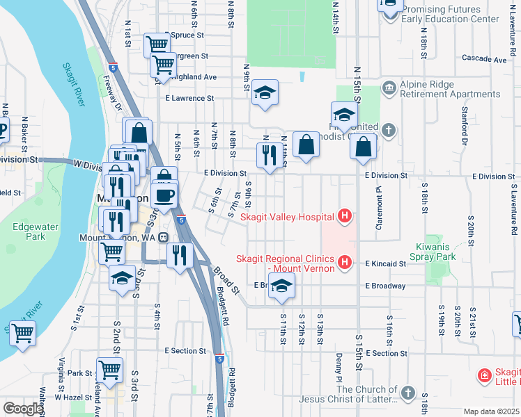map of restaurants, bars, coffee shops, grocery stores, and more near 206 South 9th Street in Mount Vernon