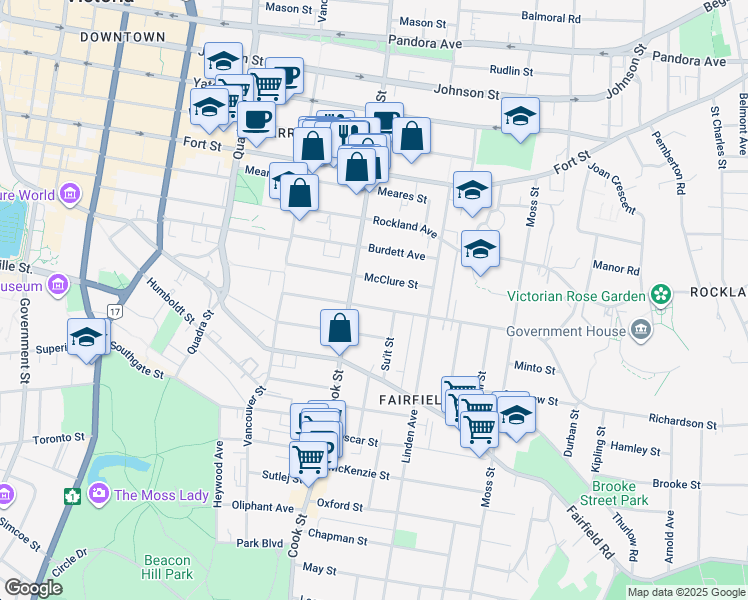 map of restaurants, bars, coffee shops, grocery stores, and more near 1120 Richardson Street in Victoria