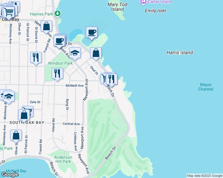 map of restaurants, bars, coffee shops, grocery stores, and more near 1176 Beach Drive in Victoria