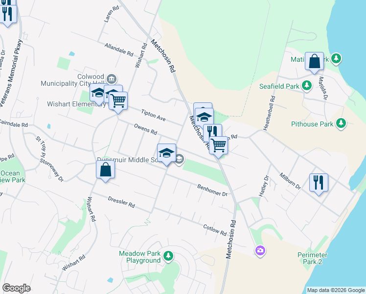 map of restaurants, bars, coffee shops, grocery stores, and more near 390 Farview Road in Victoria