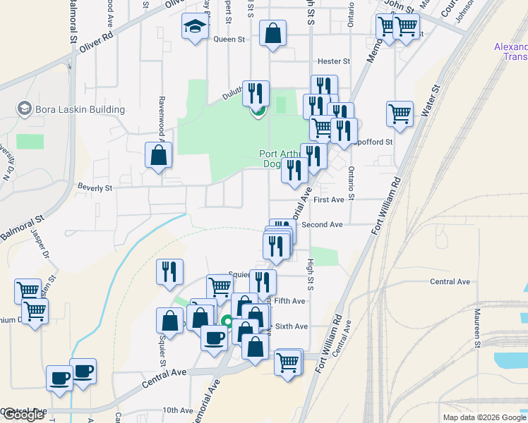 map of restaurants, bars, coffee shops, grocery stores, and more near 500 Winnipeg Avenue in Thunder Bay