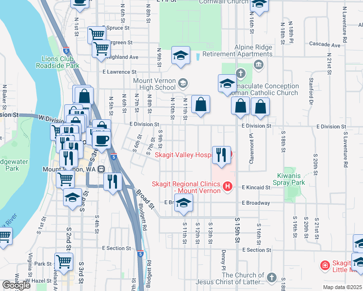 map of restaurants, bars, coffee shops, grocery stores, and more near 205 South 11th Street in Mount Vernon