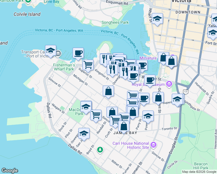 map of restaurants, bars, coffee shops, grocery stores, and more near 290 Superior Street in Victoria