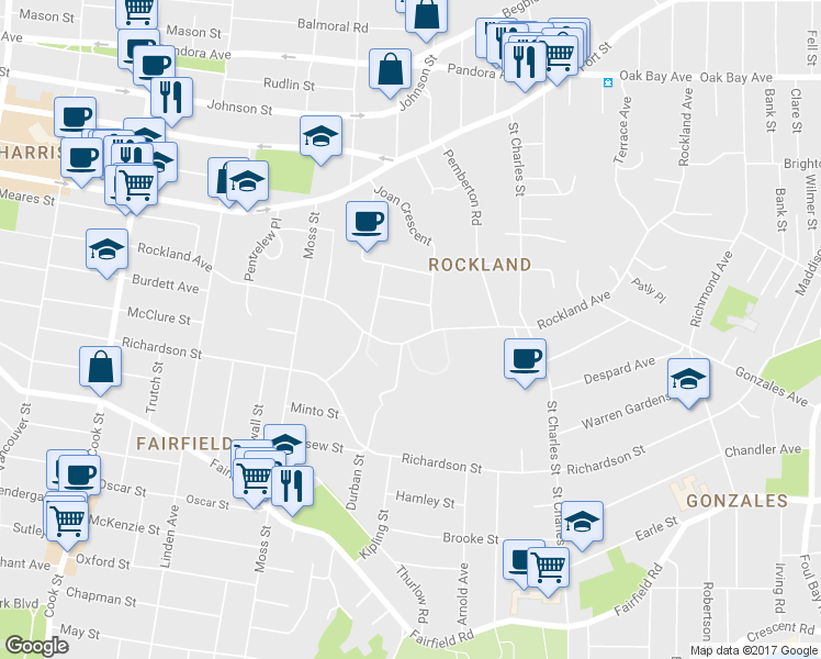map of restaurants, bars, coffee shops, grocery stores, and more near 1388 Rockland Avenue in Victoria