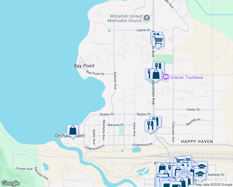 map of restaurants, bars, coffee shops, grocery stores, and more near 428-432 Dakota Avenue in Whitefish