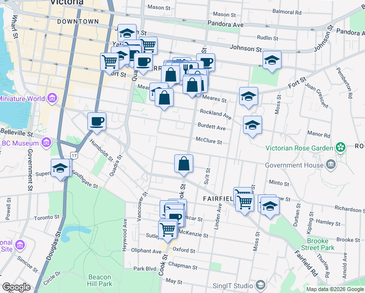 map of restaurants, bars, coffee shops, grocery stores, and more near 1050 Richardson Street in Victoria