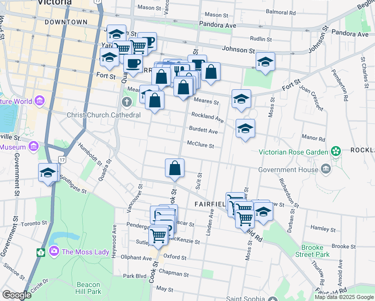 map of restaurants, bars, coffee shops, grocery stores, and more near 777 Cook Street in Victoria