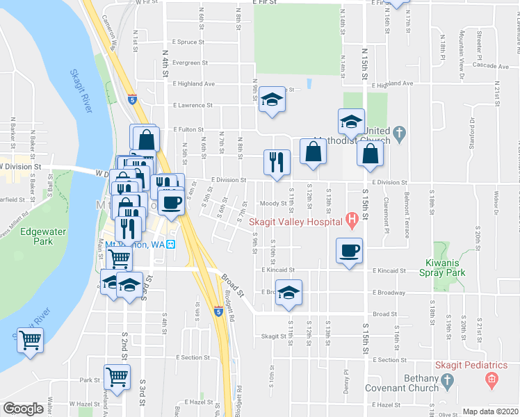 map of restaurants, bars, coffee shops, grocery stores, and more near 206 South 9th Street in Mount Vernon