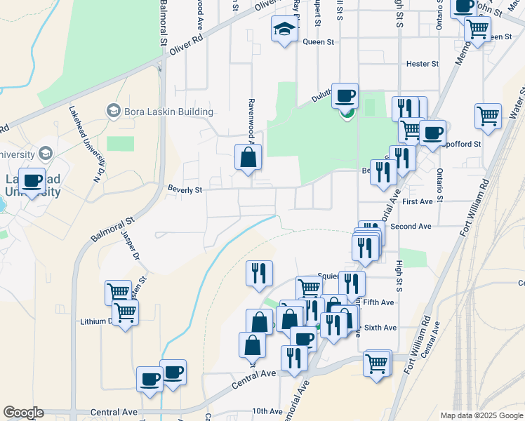 map of restaurants, bars, coffee shops, grocery stores, and more near 538 Pasteur Road in Thunder Bay