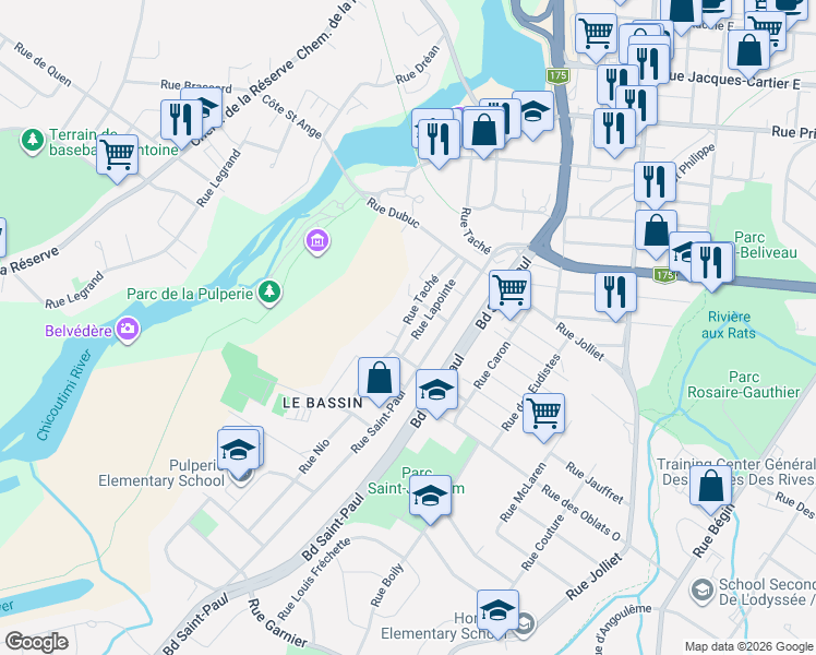 map of restaurants, bars, coffee shops, grocery stores, and more near 687 Rue Taché in Saguenay