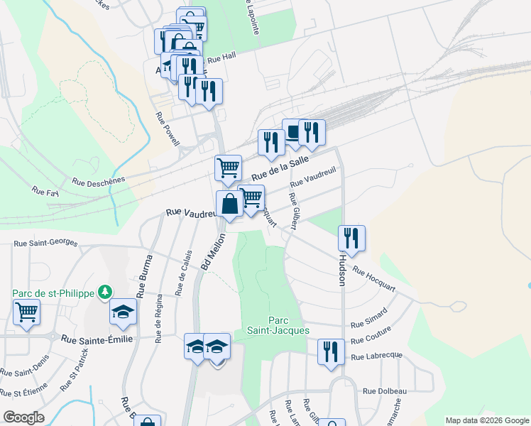 map of restaurants, bars, coffee shops, grocery stores, and more near 2811 Rue Hocquart in Saguenay