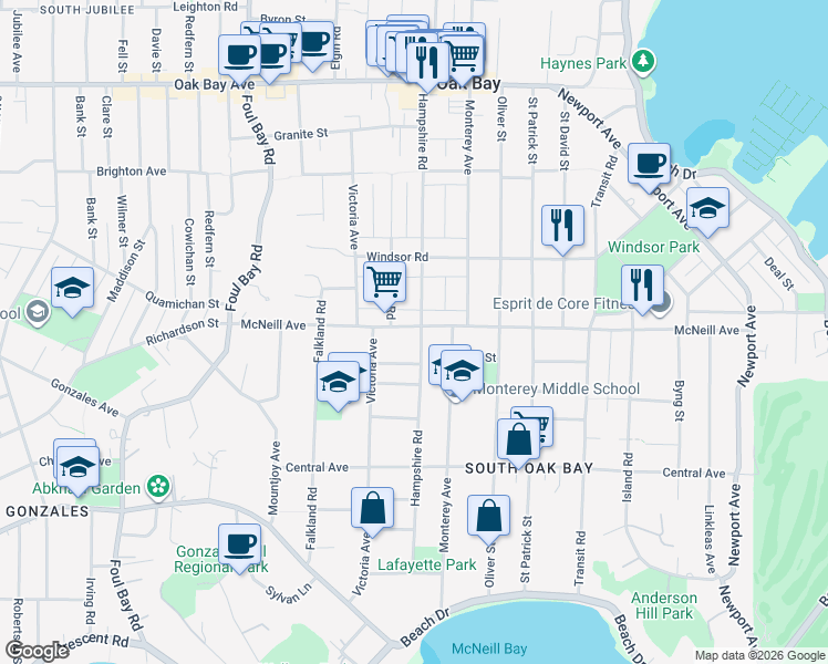 map of restaurants, bars, coffee shops, grocery stores, and more near in Victoria