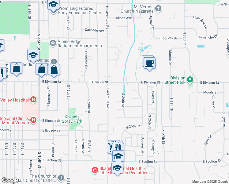 map of restaurants, bars, coffee shops, grocery stores, and more near 2301 Moody Street in Mount Vernon